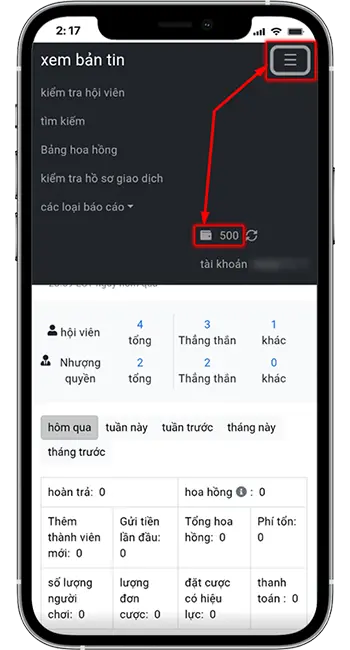 Bước 1: Click vào biểu tượng "3 gạch" → chọn "Ví tiền".